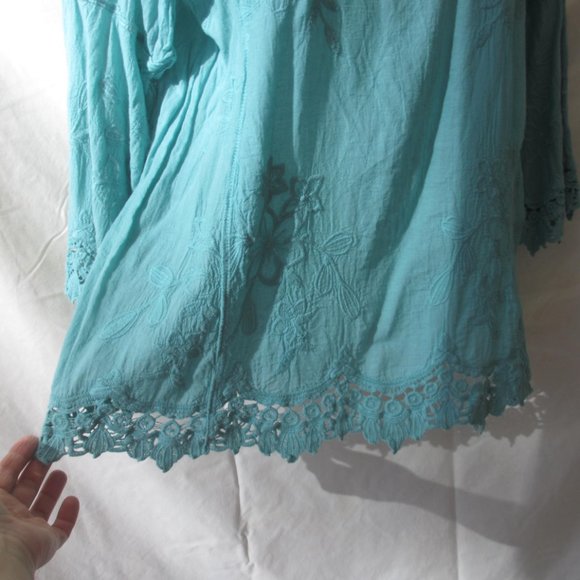 Tunic Top Blouse Size L LARGE Gauzy Cotton Crochet Hem Embroidered - Picture 5 of 12
